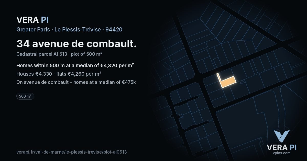 34 avenue de combault, Le Plessis-Trévise at night – the plot lit, the parcels around coloured by the prices near them