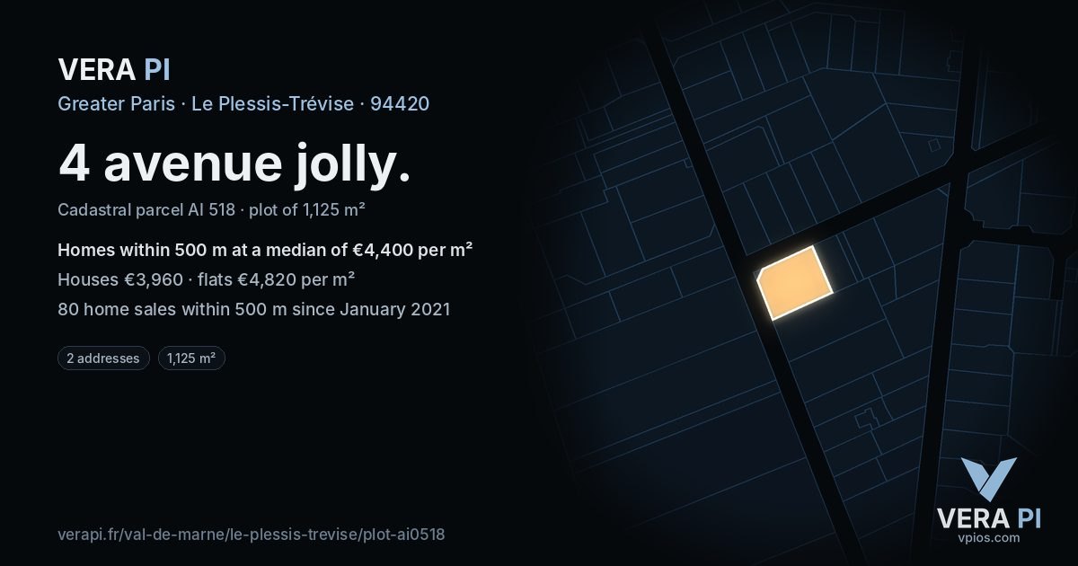 4 avenue jolly, Le Plessis-Trévise at night – the plot lit, the parcels around coloured by the prices near them