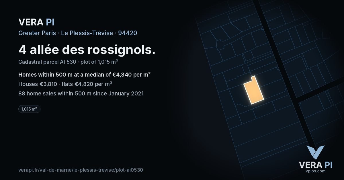 4 allée des rossignols, Le Plessis-Trévise at night – the plot lit, the parcels around coloured by the prices near them