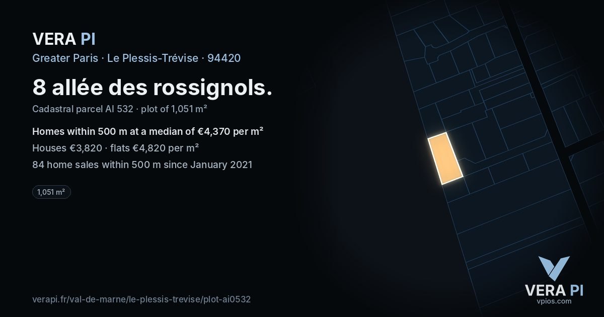8 allée des rossignols, Le Plessis-Trévise at night – the plot lit, the parcels around coloured by the prices near them