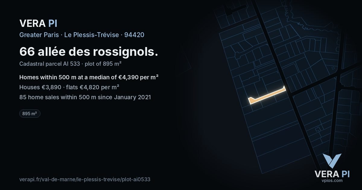 66 allée des rossignols, Le Plessis-Trévise at night – the plot lit, the parcels around coloured by the prices near them