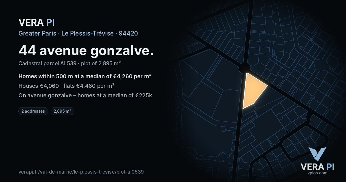 44 avenue gonzalve, Le Plessis-Trévise at night – the plot lit, the parcels around coloured by the prices near them