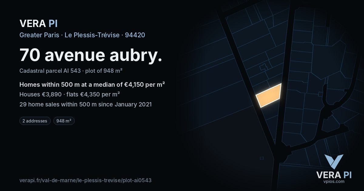 70 avenue aubry, Le Plessis-Trévise at night – the plot lit, the parcels around coloured by the prices near them