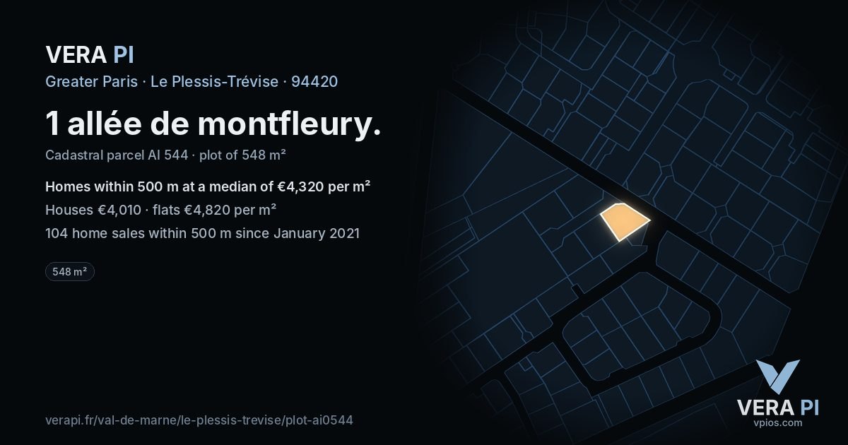 1 allée de montfleury, Le Plessis-Trévise at night – the plot lit, the parcels around coloured by the prices near them