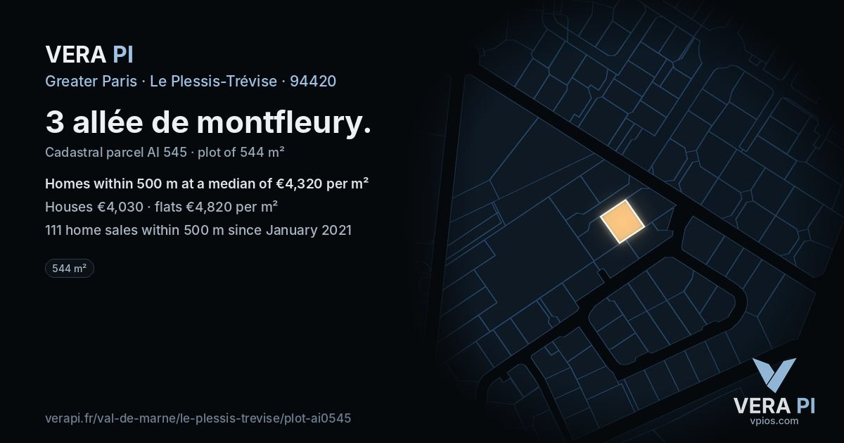 3 allée de montfleury, Le Plessis-Trévise at night – the plot lit, the parcels around coloured by the prices near them
