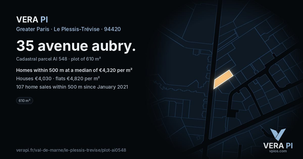 35 avenue aubry, Le Plessis-Trévise at night – the plot lit, the parcels around coloured by the prices near them