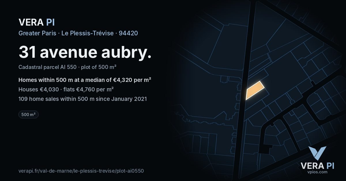 31 avenue aubry, Le Plessis-Trévise at night – the plot lit, the parcels around coloured by the prices near them