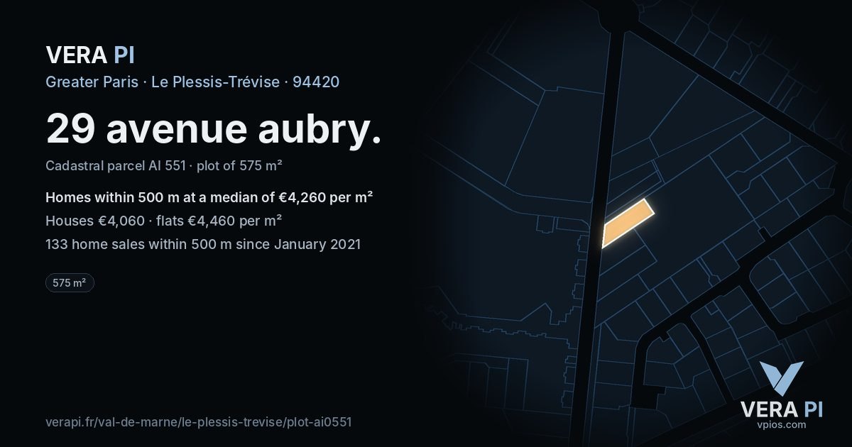 29 avenue aubry, Le Plessis-Trévise at night – the plot lit, the parcels around coloured by the prices near them