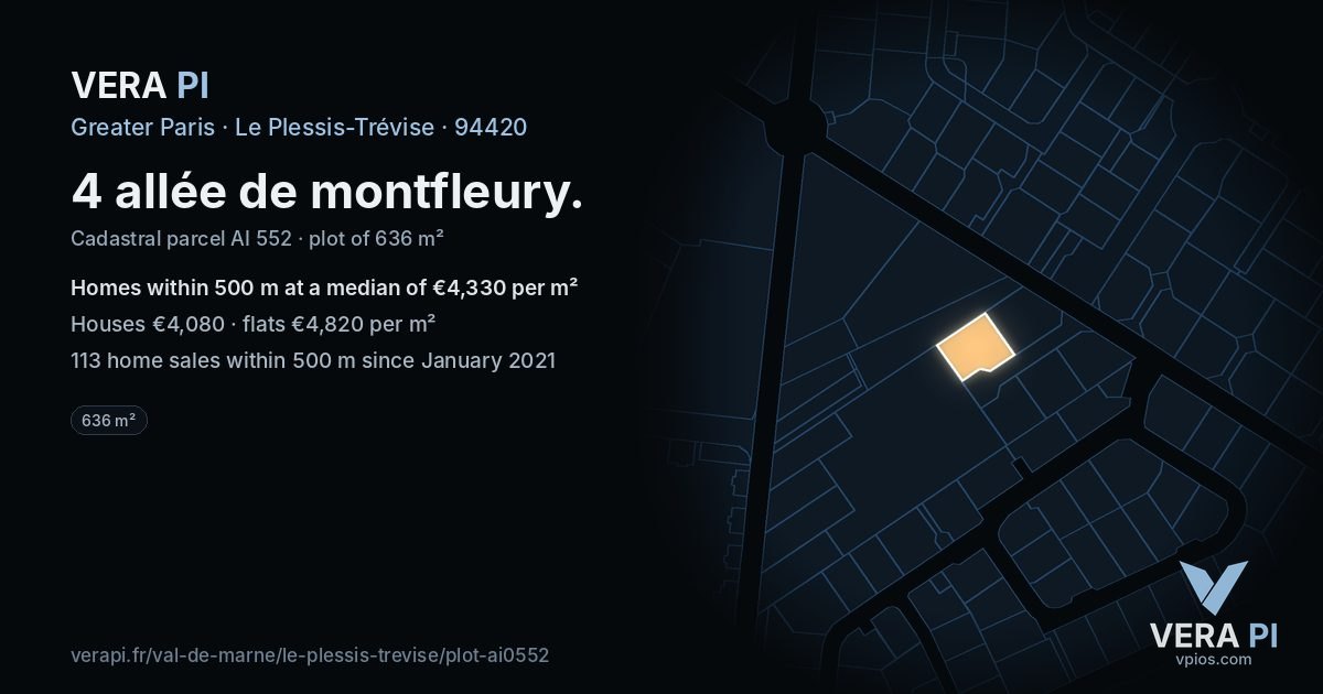 4 allée de montfleury, Le Plessis-Trévise at night – the plot lit, the parcels around coloured by the prices near them