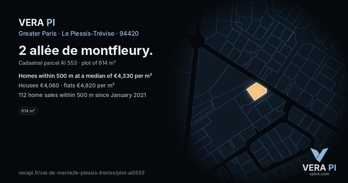 2 allée de montfleury, Le Plessis-Trévise at night – the plot lit, the parcels around coloured by the prices near them