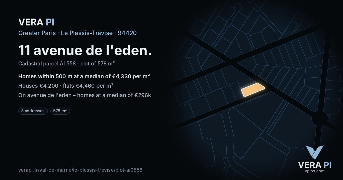 11 avenue de l'eden, Le Plessis-Trévise at night – the plot lit, the parcels around coloured by the prices near them