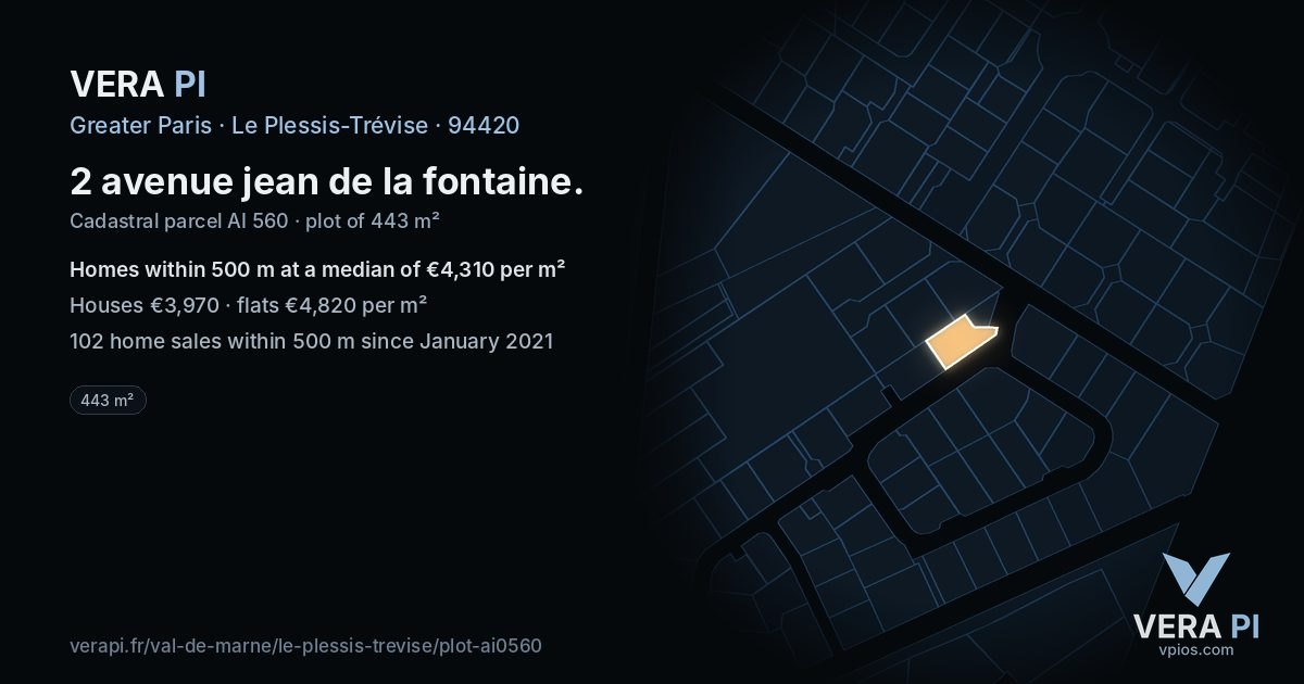 2 avenue jean de la fontaine, Le Plessis-Trévise at night – the plot lit, the parcels around coloured by the prices near them
