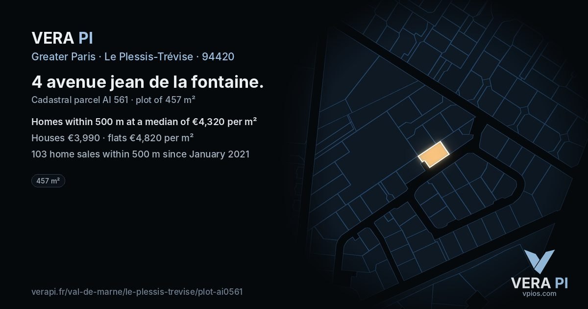 4 avenue jean de la fontaine, Le Plessis-Trévise at night – the plot lit, the parcels around coloured by the prices near them