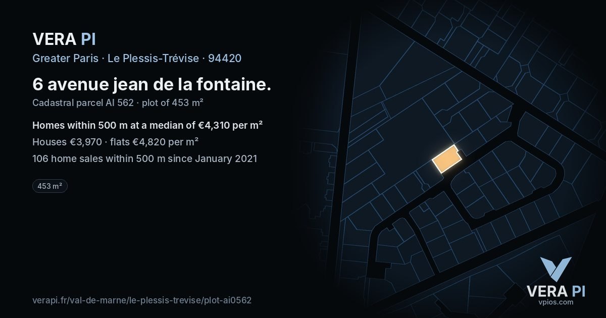 6 avenue jean de la fontaine, Le Plessis-Trévise at night – the plot lit, the parcels around coloured by the prices near them