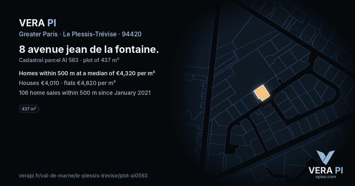 8 avenue jean de la fontaine, Le Plessis-Trévise at night – the plot lit, the parcels around coloured by the prices near them