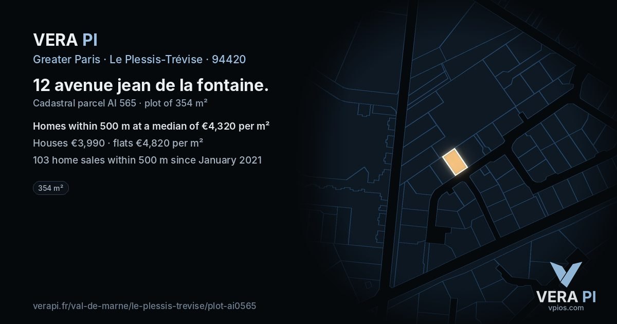12 avenue jean de la fontaine, Le Plessis-Trévise at night – the plot lit, the parcels around coloured by the prices near them