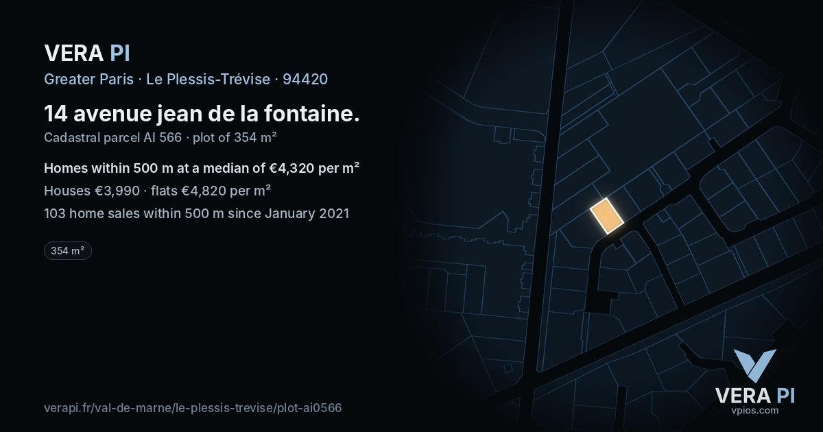14 avenue jean de la fontaine, Le Plessis-Trévise at night – the plot lit, the parcels around coloured by the prices near them