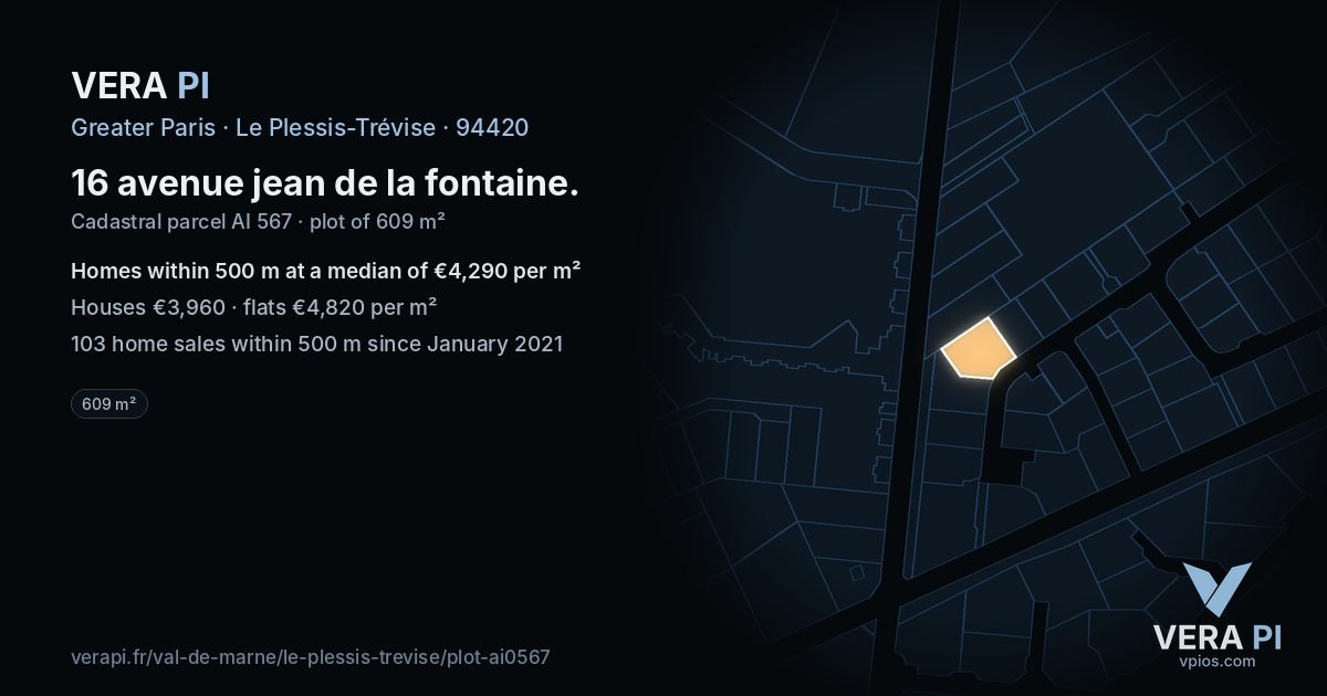 16 avenue jean de la fontaine, Le Plessis-Trévise at night – the plot lit, the parcels around coloured by the prices near them