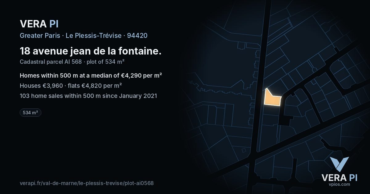18 avenue jean de la fontaine, Le Plessis-Trévise at night – the plot lit, the parcels around coloured by the prices near them