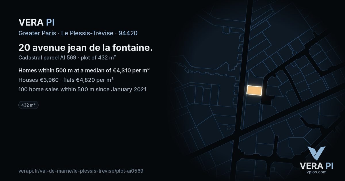 20 avenue jean de la fontaine, Le Plessis-Trévise at night – the plot lit, the parcels around coloured by the prices near them