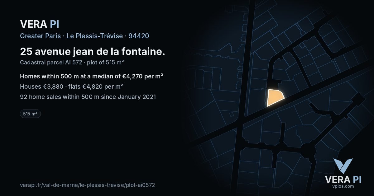 25 avenue jean de la fontaine, Le Plessis-Trévise at night – the plot lit, the parcels around coloured by the prices near them