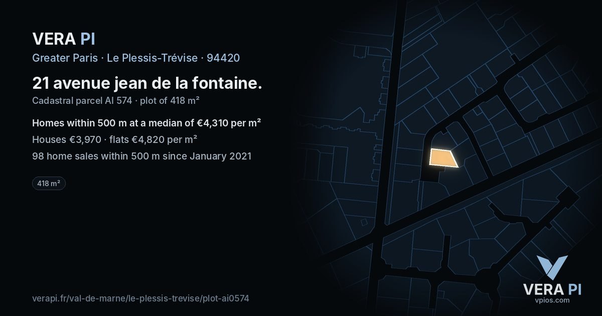 21 avenue jean de la fontaine, Le Plessis-Trévise at night – the plot lit, the parcels around coloured by the prices near them