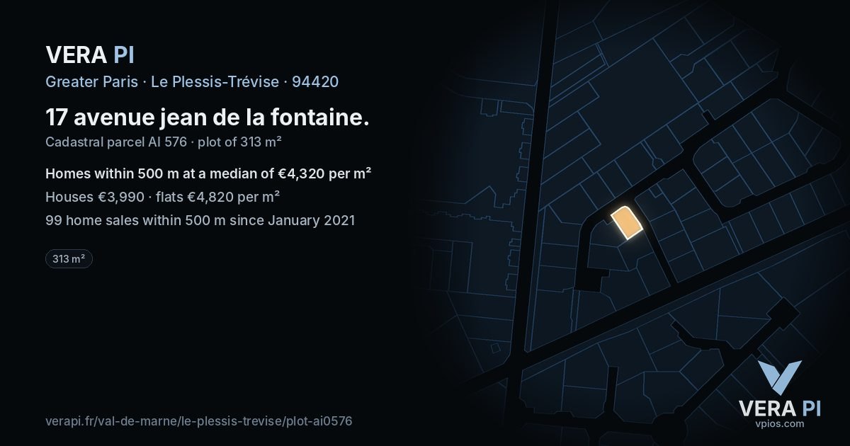 17 avenue jean de la fontaine, Le Plessis-Trévise at night – the plot lit, the parcels around coloured by the prices near them