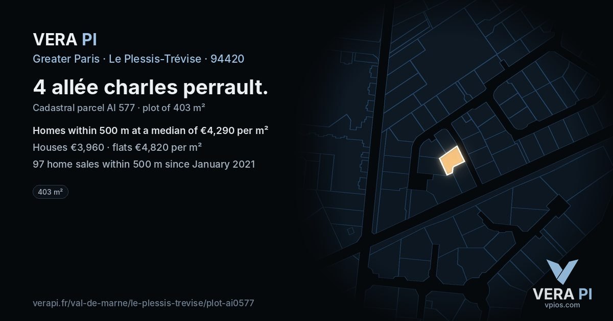 4 allée charles perrault, Le Plessis-Trévise at night – the plot lit, the parcels around coloured by the prices near them