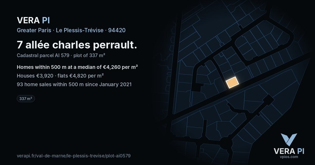 7 allée charles perrault, Le Plessis-Trévise at night – the plot lit, the parcels around coloured by the prices near them