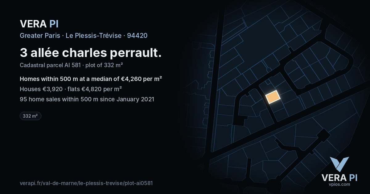 3 allée charles perrault, Le Plessis-Trévise at night – the plot lit, the parcels around coloured by the prices near them