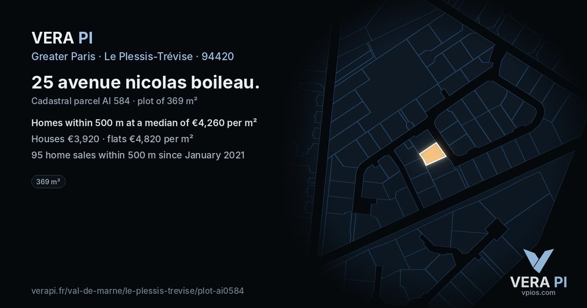 25 avenue nicolas boileau, Le Plessis-Trévise at night – the plot lit, the parcels around coloured by the prices near them