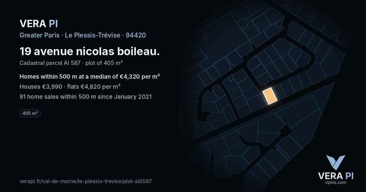 19 avenue nicolas boileau, Le Plessis-Trévise at night – the plot lit, the parcels around coloured by the prices near them