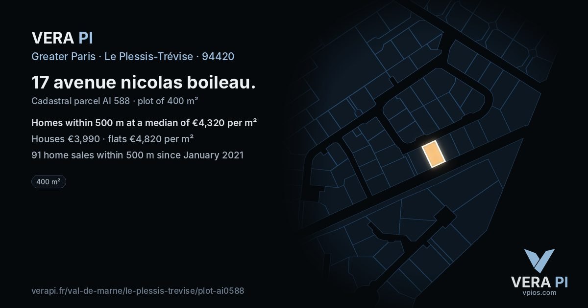 17 avenue nicolas boileau, Le Plessis-Trévise at night – the plot lit, the parcels around coloured by the prices near them