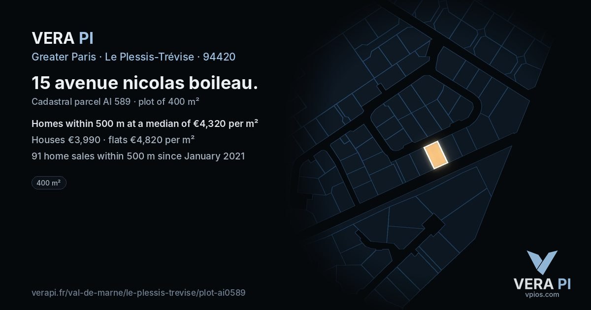 15 avenue nicolas boileau, Le Plessis-Trévise at night – the plot lit, the parcels around coloured by the prices near them