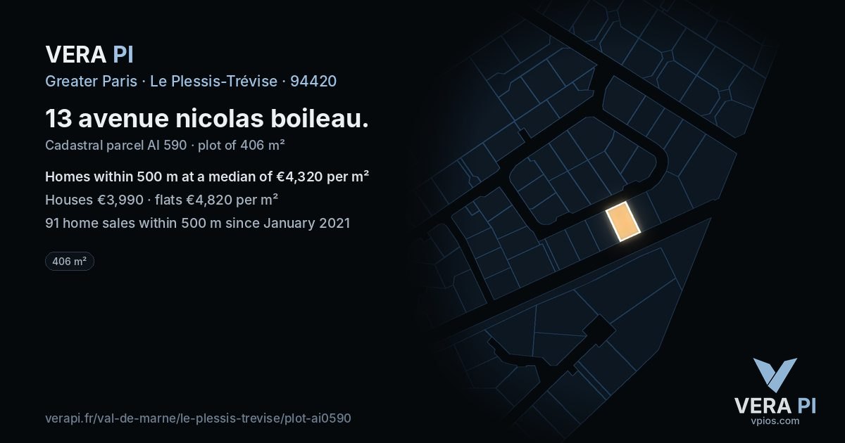 13 avenue nicolas boileau, Le Plessis-Trévise at night – the plot lit, the parcels around coloured by the prices near them