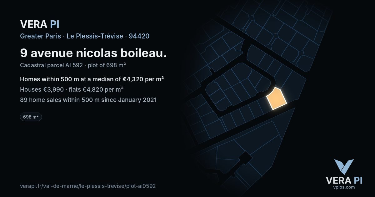 9 avenue nicolas boileau, Le Plessis-Trévise at night – the plot lit, the parcels around coloured by the prices near them
