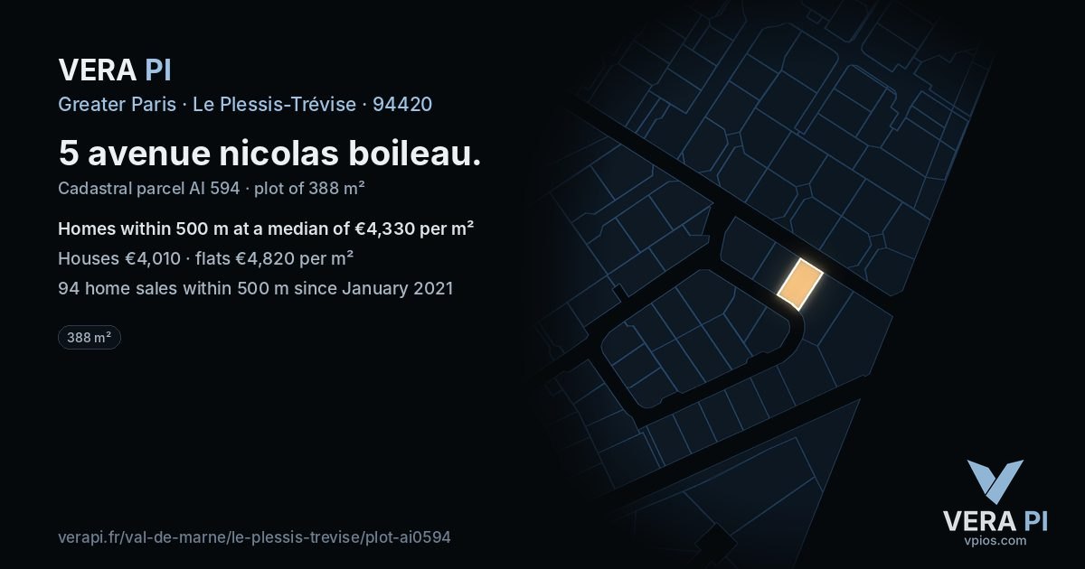 5 avenue nicolas boileau, Le Plessis-Trévise at night – the plot lit, the parcels around coloured by the prices near them