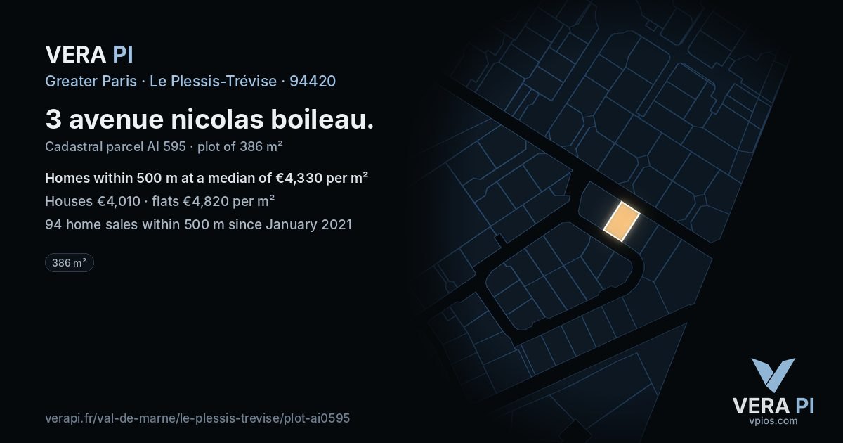 3 avenue nicolas boileau, Le Plessis-Trévise at night – the plot lit, the parcels around coloured by the prices near them