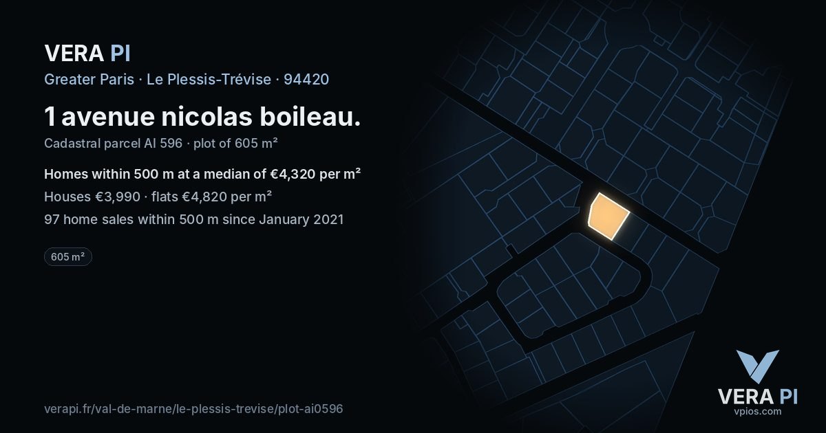 1 avenue nicolas boileau, Le Plessis-Trévise at night – the plot lit, the parcels around coloured by the prices near them