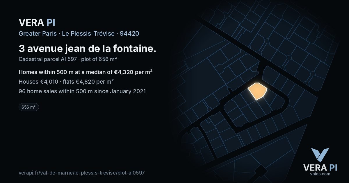 3 avenue jean de la fontaine, Le Plessis-Trévise at night – the plot lit, the parcels around coloured by the prices near them