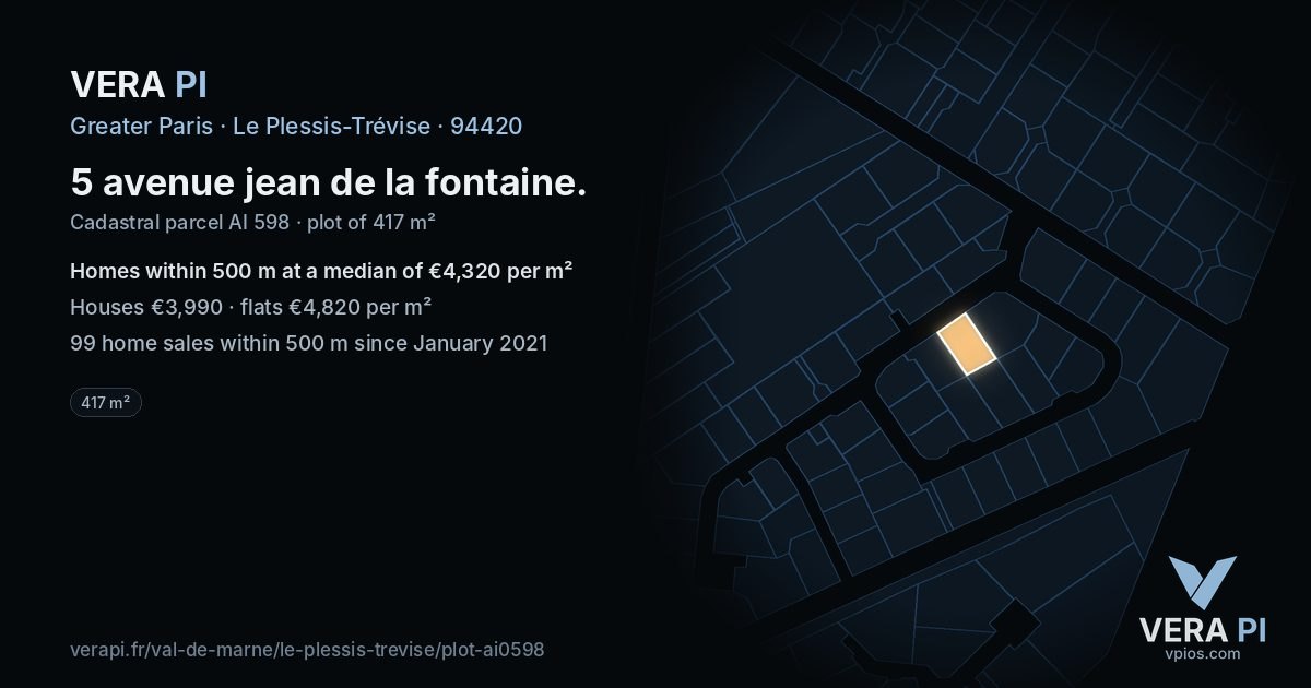 5 avenue jean de la fontaine, Le Plessis-Trévise at night – the plot lit, the parcels around coloured by the prices near them