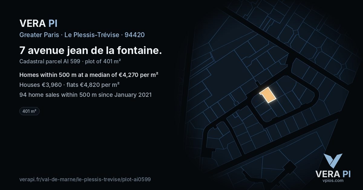 7 avenue jean de la fontaine, Le Plessis-Trévise at night – the plot lit, the parcels around coloured by the prices near them