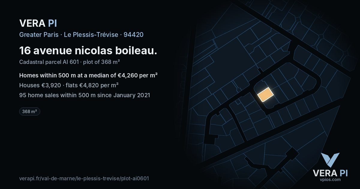 16 avenue nicolas boileau, Le Plessis-Trévise at night – the plot lit, the parcels around coloured by the prices near them