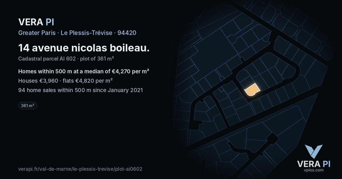 14 avenue nicolas boileau, Le Plessis-Trévise at night – the plot lit, the parcels around coloured by the prices near them