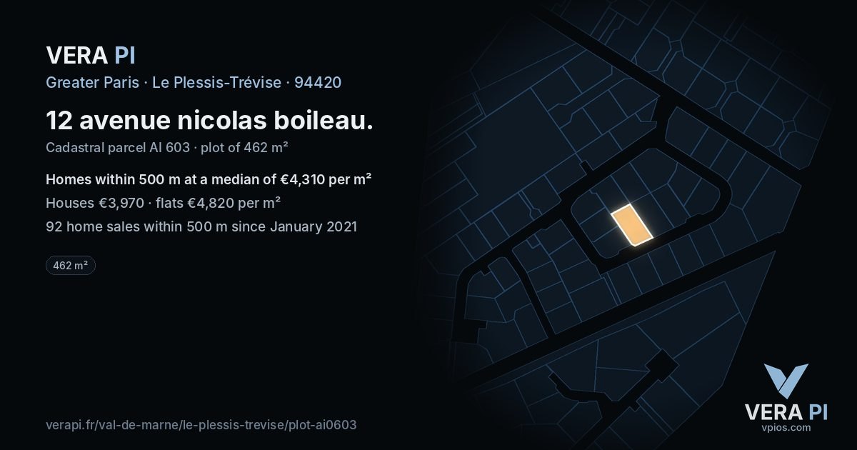 12 avenue nicolas boileau, Le Plessis-Trévise at night – the plot lit, the parcels around coloured by the prices near them