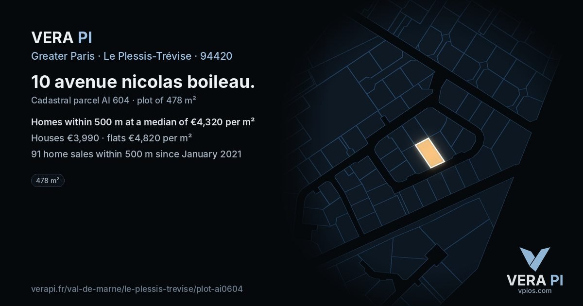 10 avenue nicolas boileau, Le Plessis-Trévise at night – the plot lit, the parcels around coloured by the prices near them