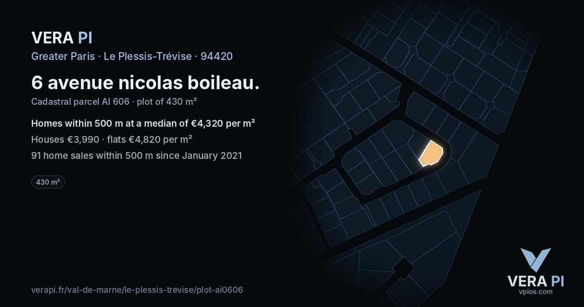 6 avenue nicolas boileau, Le Plessis-Trévise at night – the plot lit, the parcels around coloured by the prices near them