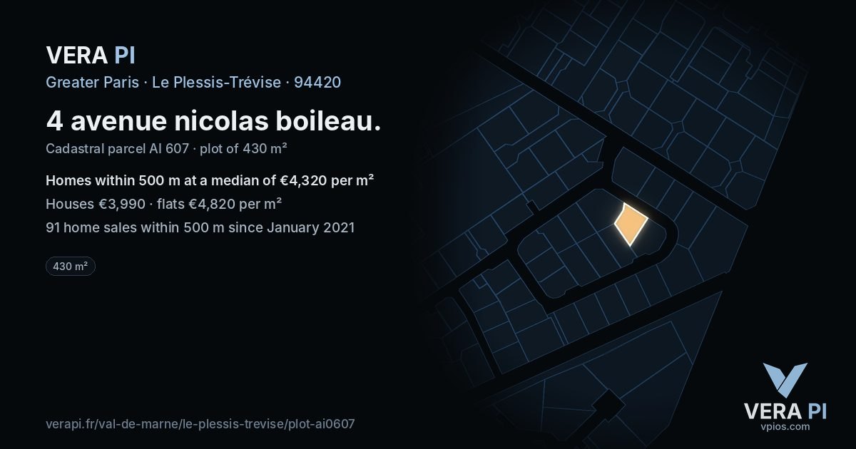 4 avenue nicolas boileau, Le Plessis-Trévise at night – the plot lit, the parcels around coloured by the prices near them
