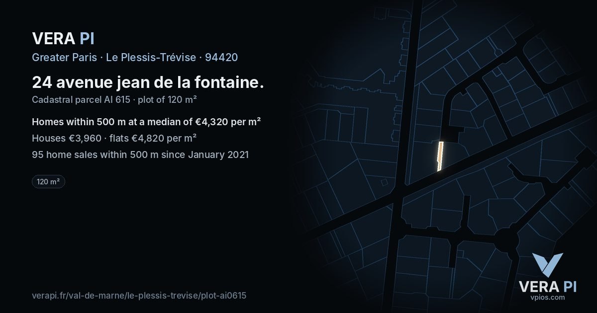 24 avenue jean de la fontaine, Le Plessis-Trévise at night – the plot lit, the parcels around coloured by the prices near them