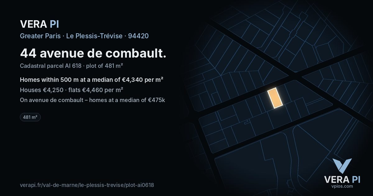 44 avenue de combault, Le Plessis-Trévise at night – the plot lit, the parcels around coloured by the prices near them